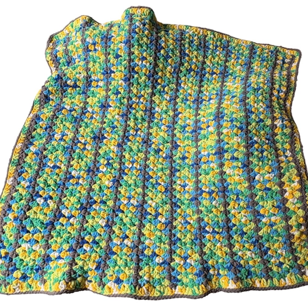 Handmade‎ Crochet Baby Blanket Chunky Chenille Blue Green Yellow Striped 45x40